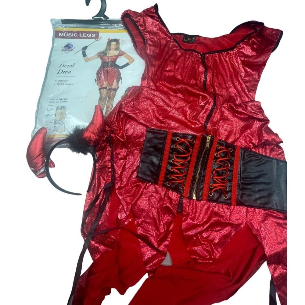 music legs devil diva style 70308 Halloween costume small dress belt horns READ